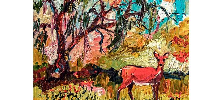Deer in Landscaped Colorful Impressionist Landscape