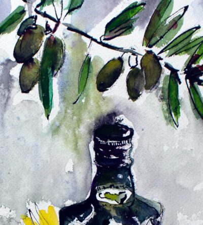 Olives on branch detail watercolors and ink