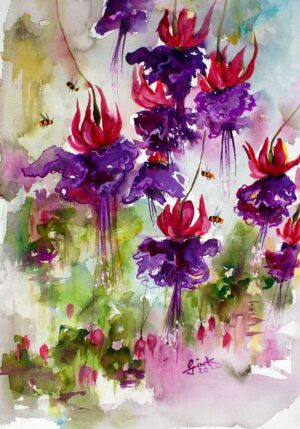 Pink Fuchsia Flowers Watercolors Original Painting