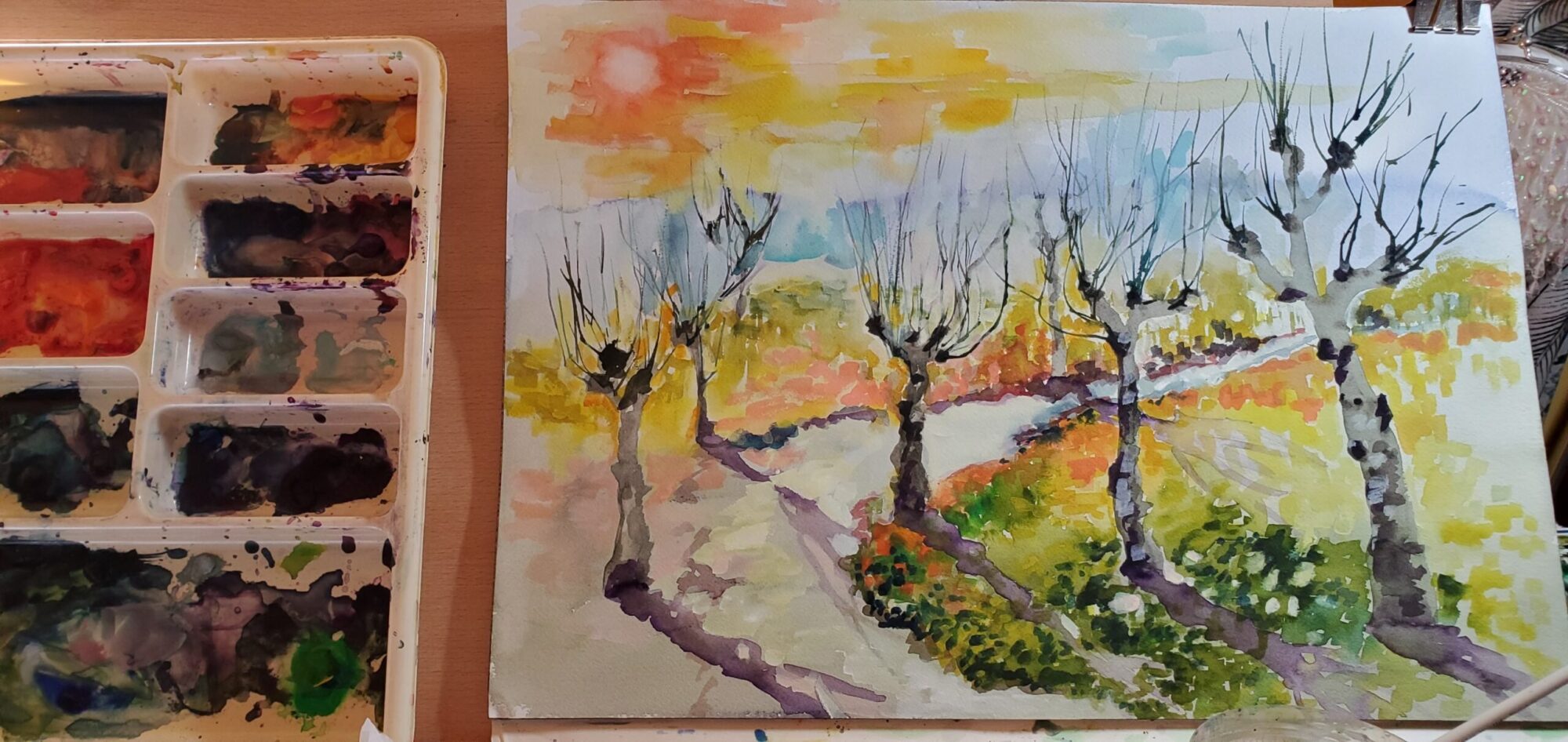 Sunny Landscape painting Pollard Trees