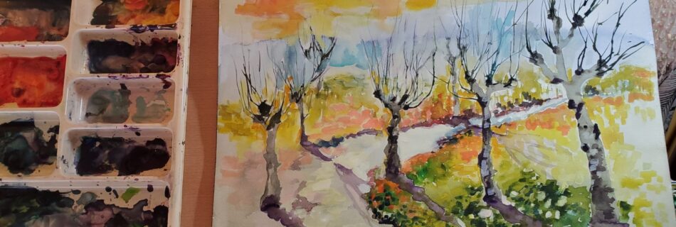 Sunny Landscape painting Pollard Trees