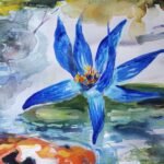 detail close up of watercolor blue Waterlilies and Koy Fish by Ginette
