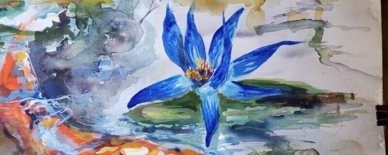 detail close up of watercolor blue Waterlilies and Koy Fish by Ginette