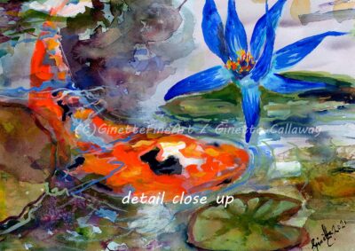 Koi Fish and Blue Waterlily Pond Watercolors detail