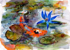 Koi Fish and Blue Waterlily Pond Watercolors