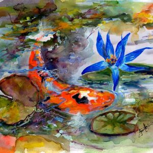 Koi Fish and Blue Waterlily Pond Watercolors