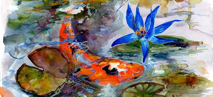Koi Fish and Blue Waterlily Pond Watercolors
