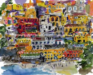 Positano Colorful Houses Watercolors and Ink Painting