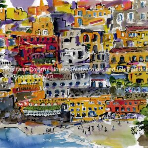 Positano Colorful Houses Watercolors and Ink Painting