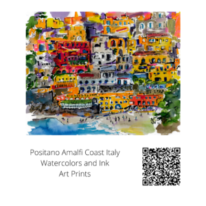 Positano Colorful Houses Watercolors and Ink Painting qr code