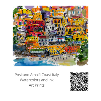 Positano Colorful Houses Watercolors and Ink Painting qr code