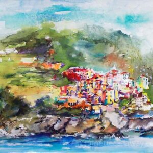 Corniglia Italy Cinque Terre Watercolors and Ink Original Art by Ginette detail 3