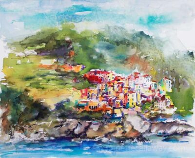 Corniglia Italy Cinque Terre Watercolors and Ink Original Art by Ginette detail 3