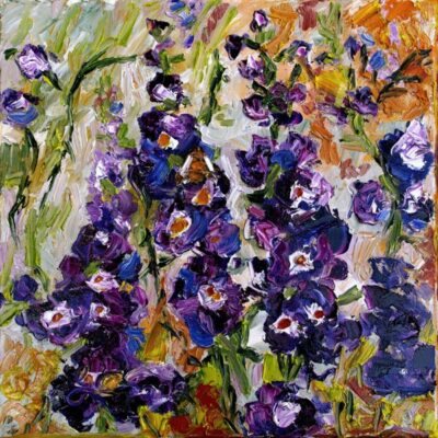Delphiniums Flowers Impressionist Palette Knife Oil Painting