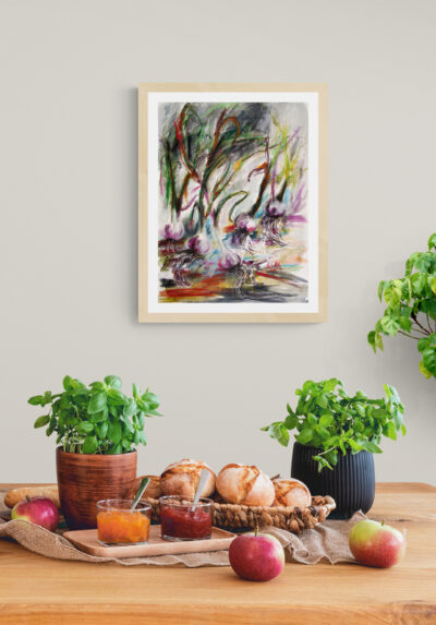 Food Art Purple Garlic Harvest Mixed Media Watercolors and Pastel wall