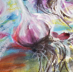 Food Art Purple Garlic Harvest Mixed Media Watercolors and Pastel detail