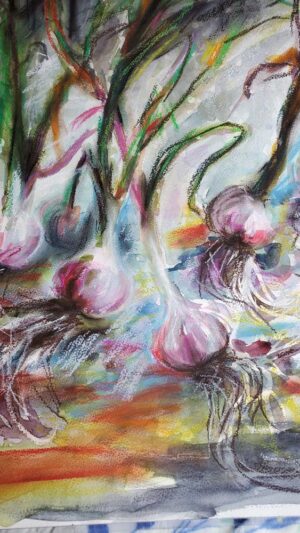 Food Art Purple Garlic Harvest Mixed Media Watercolors and Pastel detail 2