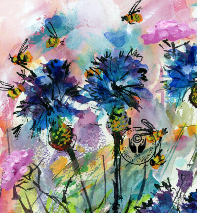 Flowers Watercolors Blue Corn Flowers and Bees D
