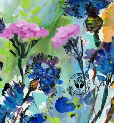 Flowers Watercolors Blue Corn Flowers and Bees D1