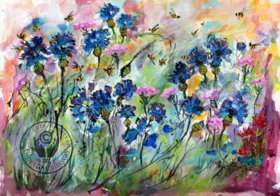 Flowers Watercolors Blue Corn Flowers and Bees L