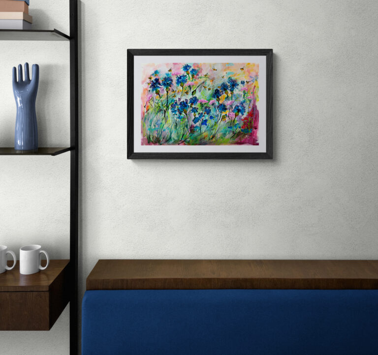 Flowers Watercolors Blue Corn Flowers and Bees Wall