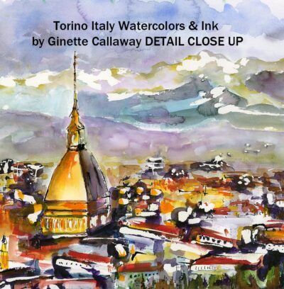 Torino Northern Italy Panoramic Cityscape Watercolors and Ink detail