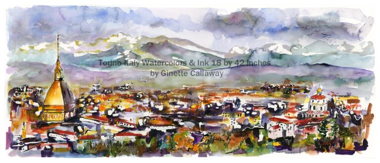 Torino Northern Italy Panoramic Cityscape Watercolors and Ink L