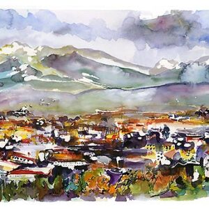 Torino Northern Italy Panoramic Cityscape Watercolors and Ink