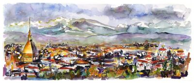 Torino Northern Italy Panoramic Cityscape Watercolors and Ink