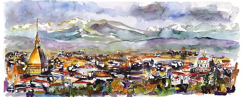 Torino Northern Italy Panoramic Cityscape Watercolors and Ink
