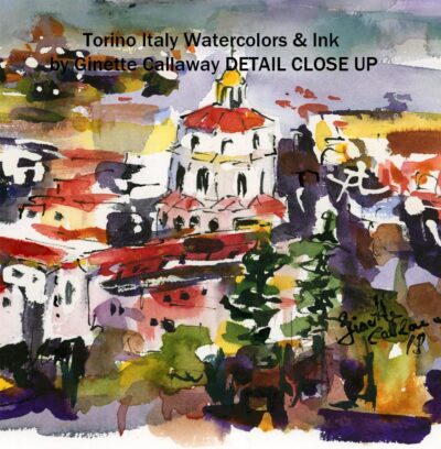 Torino Northern Italy Panoramic Cityscape Watercolors and Ink detail 2