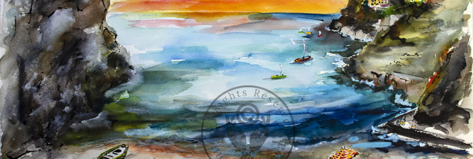 Art Commission Amalfi Coast The Cove II Watercolors and Ink