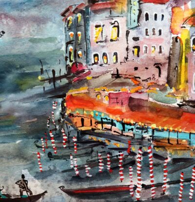 Italy Venice Twilight Grand Canal Watercolors and Ink