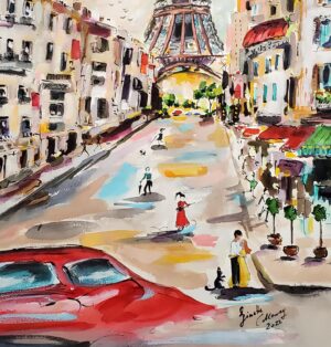 Large Paris Eiffel Tower La Vie En Rose watercolors and ink detail 2