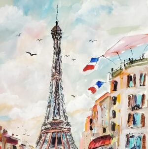 Large Paris Eiffel Tower La Vie En Rose watercolors and ink detail