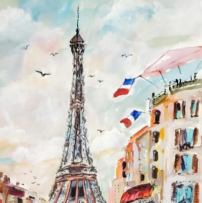 Large Paris Eiffel Tower La Vie En Rose watercolors and ink detail