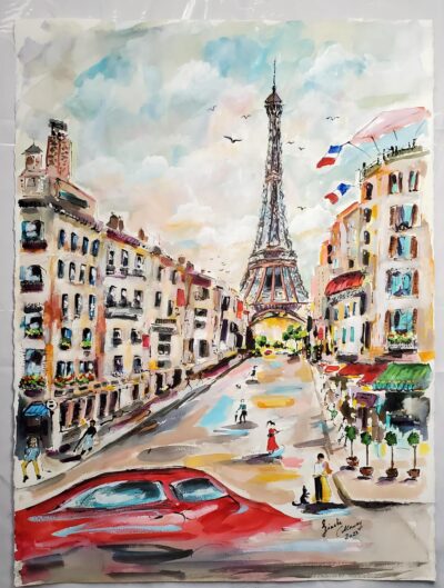 Large Paris Eiffel Tower La Vie En Rose watercolors and ink