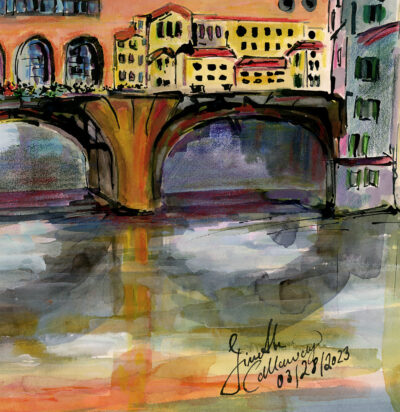 Florence Italy Ponte Vecchio Cityscape Watercolors and Ink detail