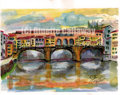 Florence Italy Ponte Vecchio Cityscape Watercolors and Ink true size of original
