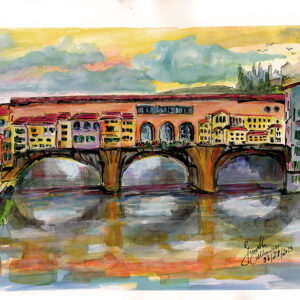 Florence Italy Ponte Vecchio Cityscape Watercolors and Ink