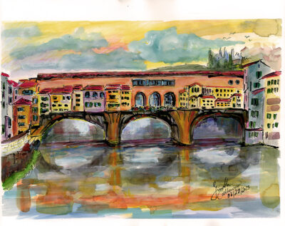 Florence Italy Ponte Vecchio Cityscape Watercolors and Ink