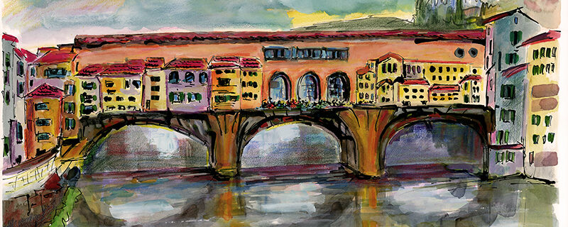 Florence Italy Ponte Vecchio Cityscape Watercolors and Ink