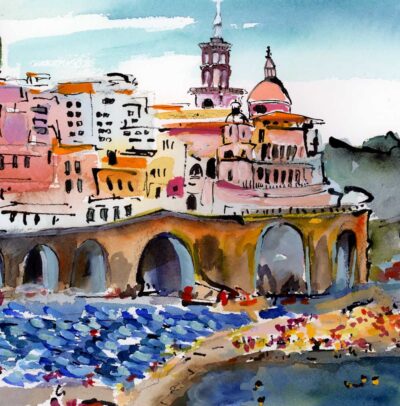 Amalfi Coast Italy Atrani Beach Watercolors and ink detail 2