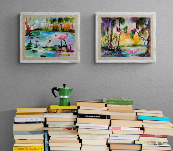 Roseate Spoonbill Eating Duckweed Wetland Magic true size wall display with sister painting