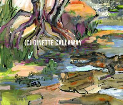Where Alligator Dream Wetland Sunrise Watercolors and ink detaiil