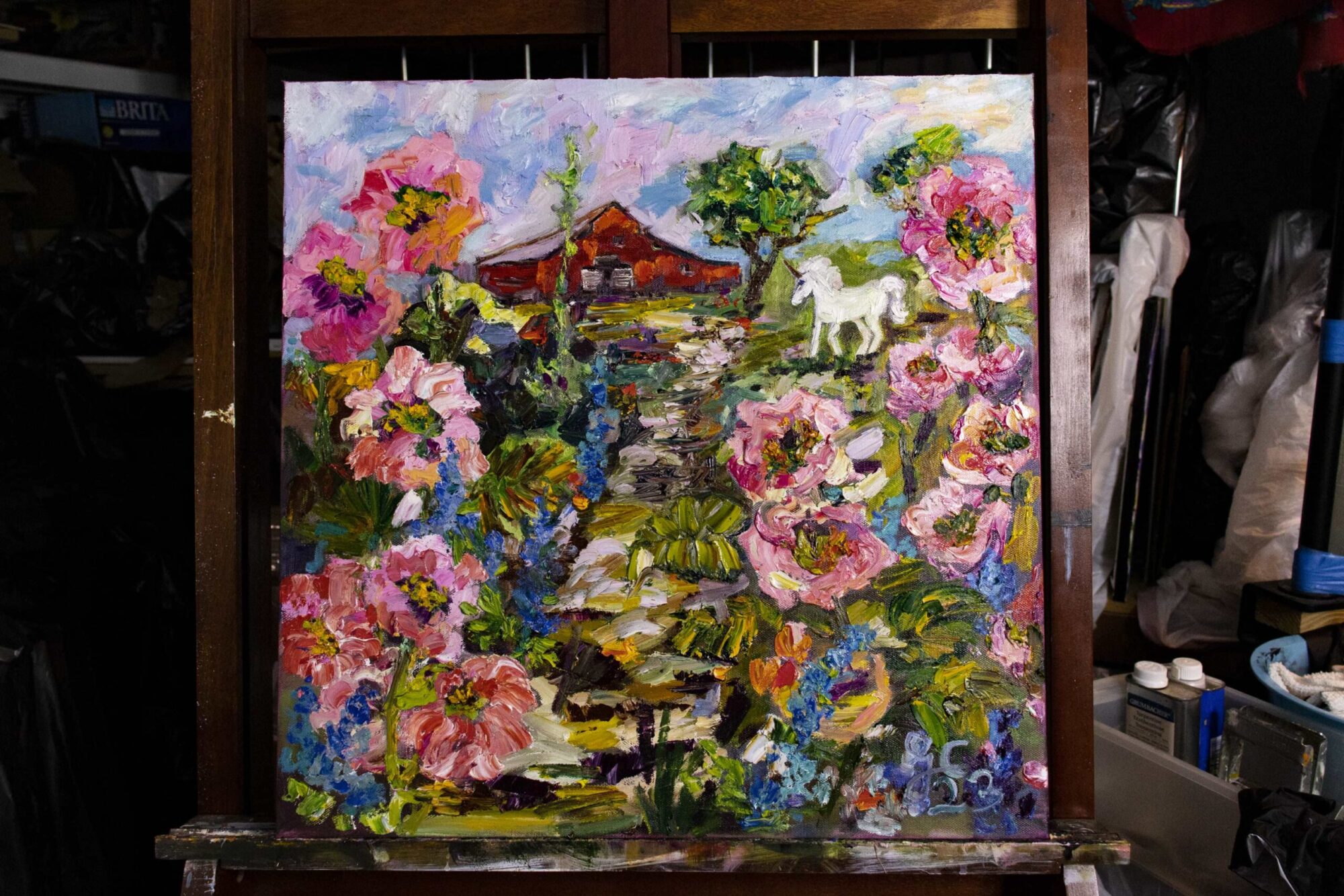 Oil Painting Commission Hollyhock Garden Path with Unicorn on my easel
