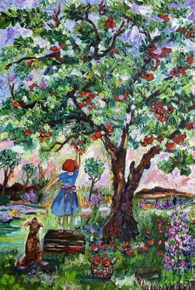 Leora in the Garden with Ollie. Grandma's Apple Tree
