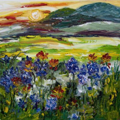 Texas Hill Country Sun and Blue Bonnets Oil On Canvas 4
