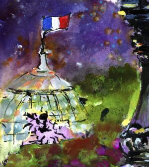 Paris Street Lamp French Flag Mixed Media Watercolors and Ink detail 2