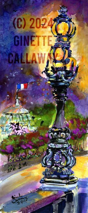 Paris Street Lamp French Flag Mixed Media Watercolors and Ink L